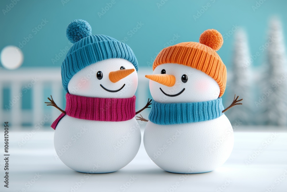 Poster two snowmen with hats, scarves are smiling at the camera. scene is set in a snowy environment with t