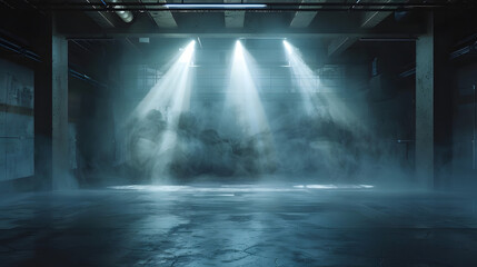 Perspective view dark smokey garage interior with spotlight and concrete floor, car background and empty stage concept
