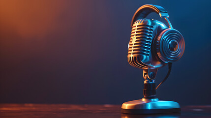 Podcasting and radio concept with retro microphone and headphones on empty wooden table and dark blank wall background with place for your logo or text
