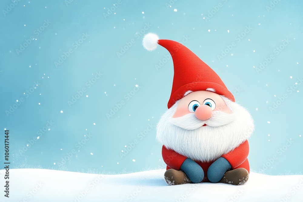 Poster cartoon character with a red hat and beard sits on a snowy hill. the character is smiling and he is 