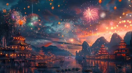 Obraz premium Spectacular fireworks burst across the night sky illuminating the serene traditional temples and towering mountains reflected in the calm river below This vibrant
