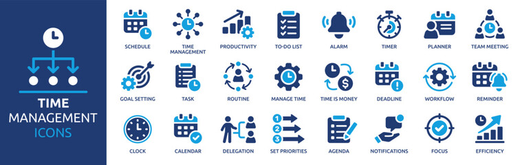 Time management icon set. Containing schedule, to-do list, task, manage time, planner, calendar, delegation, reminder, timer, set priorities and more. Solid vector icons collection.