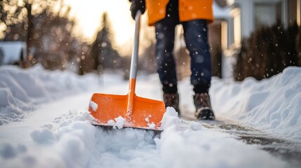 A person uses a snow shovel to clear their driveway.