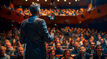 Naklejka premium A man in a business suit speaks to a large crowd from a stage.