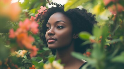 African american woman with natural hair in white dress among garden flowers, natural beauty and skincare concept. Perfumery, Flower shops, Eco-friendly brands, organic cosmetics, skin care products