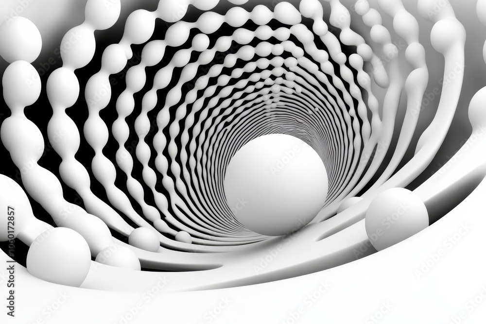 Poster spiral of white spheres with a white ball in the center. a sense of depth and movement, as if viewer