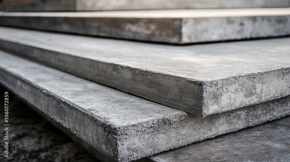 Poster close-up view of stacked concrete slabs with a textured surface, showcasing their smooth edges and i