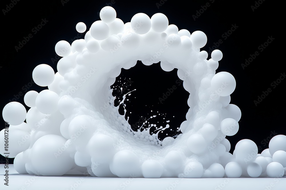 Poster white wave of bubbles with a hole in the middle. the bubbles are floating in the air and the wave is