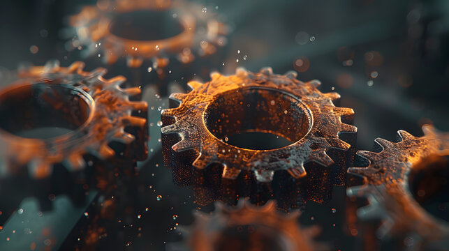 RUST programming language concept, featuring rusty gears intricately combined with binary code on a dark, tech-themed background, symbolizing the fusion of old machinery and modern programming
