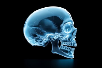 Obraz premium Skull is shown in a blue and white color. The skull is in a dark background. The skull is in a very clear and bright color