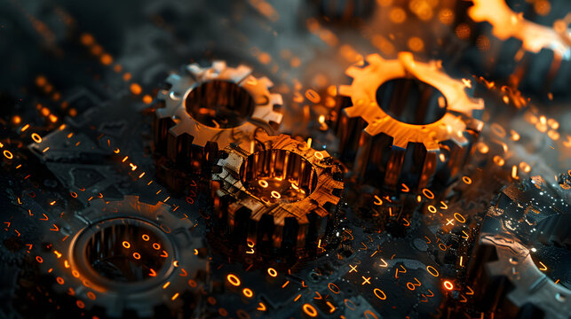 RUST programming language concept, featuring rusty gears intricately combined with binary code on a dark, tech-themed background, symbolizing the fusion of old machinery and modern programming