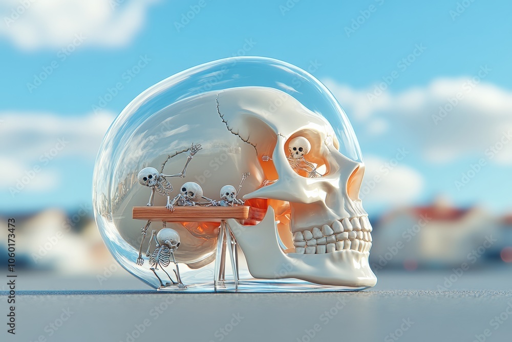 Poster skull is sitting on a table with a group of skeletons around it. skull appears to be in a glass case