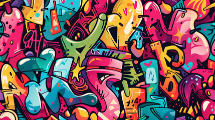 Fototapeta premium Seamless background featuring a colorful abstract graffiti art pattern, with a mix of spray paint splatters, street style doodles, and urban artistic expressions