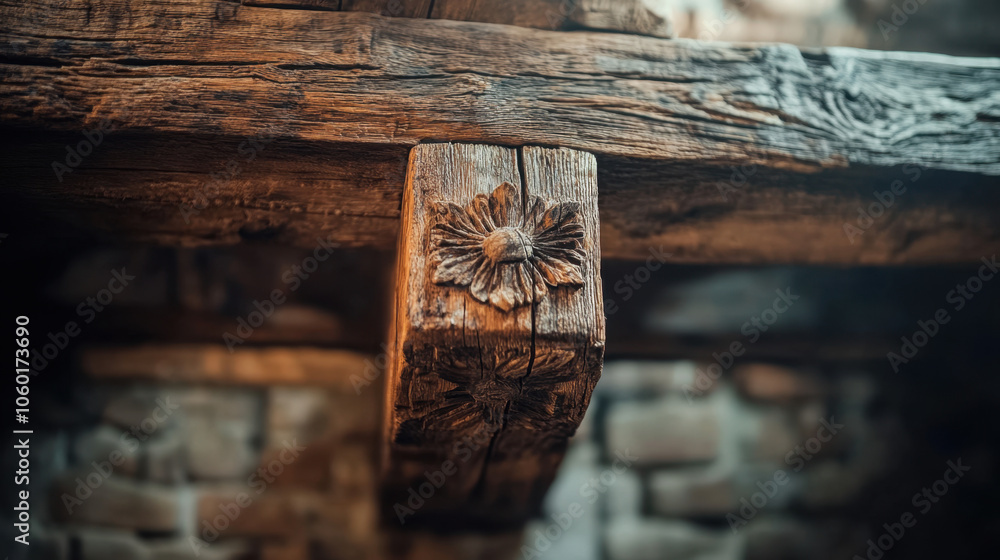 Poster the image features a close-up of a wooden beam with intricate carvings, highlighting the texture and