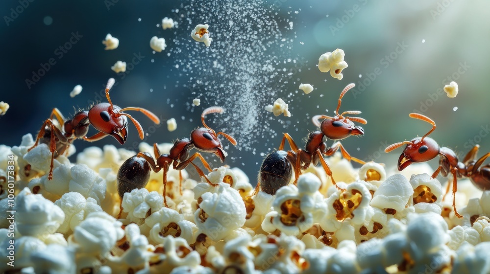 Poster ants interacting with popcorn, showcasing their behavior in a playful setting.