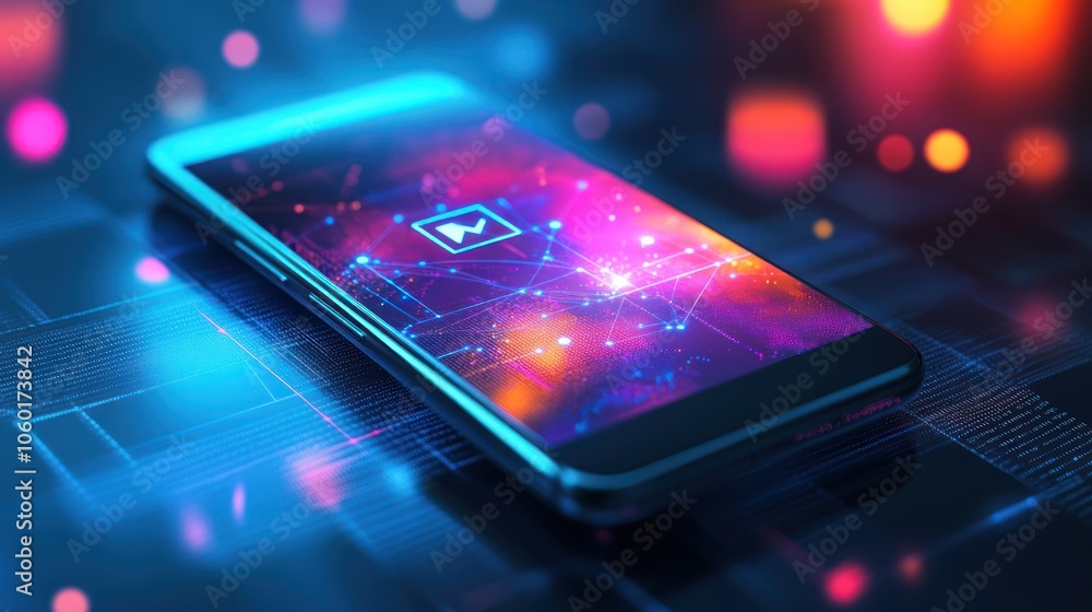 Poster a smartphone displaying a vibrant, abstract digital interface with glowing elements.
