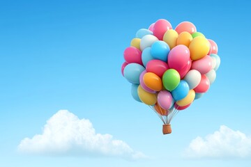 Fototapeta premium Colorful hot air balloon filled with balloons is floating in the sky. The balloons are of various colors, including pink, yellow, green, and blue. Concept of joy and freedom