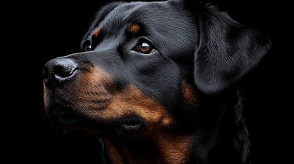 Fototapeta premium Close-up portrait of a Rottweiler against a dark background.