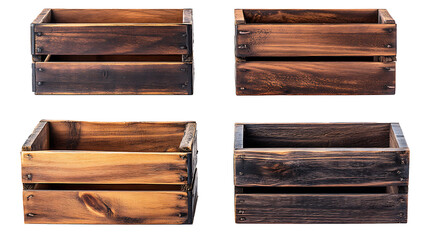 Obraz premium Four wooden crates, different shades of light and dark brown. transparent background. 