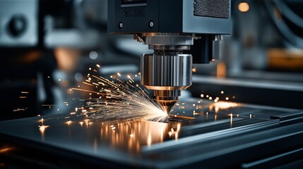 Close-up of a CNC machine cutting metal with bright sparks, demonstrating advanced industrial manufacturing technology.