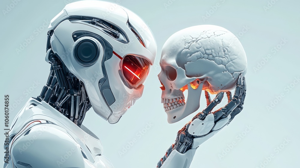 Poster robot is holding a skull in its hand. the robot is wearing a helmet and has red lights on its face. 