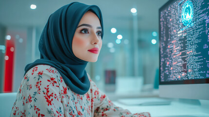 Dedicated young woman in a hijab focused on coding at a modern computer workstation in a bright tech office