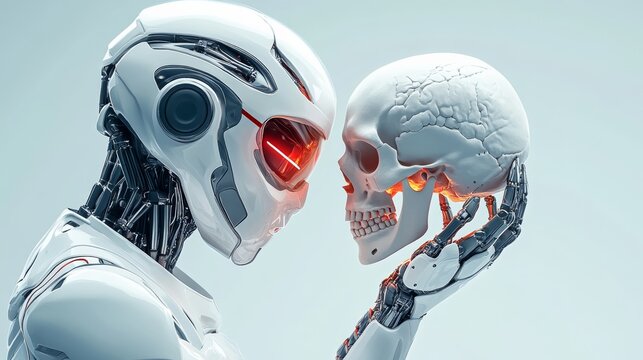 Robot is holding a skull in its hand. The robot is wearing a helmet and has red lights on its face. The skull is white and has a glowing red light on it. Concept of danger and fear