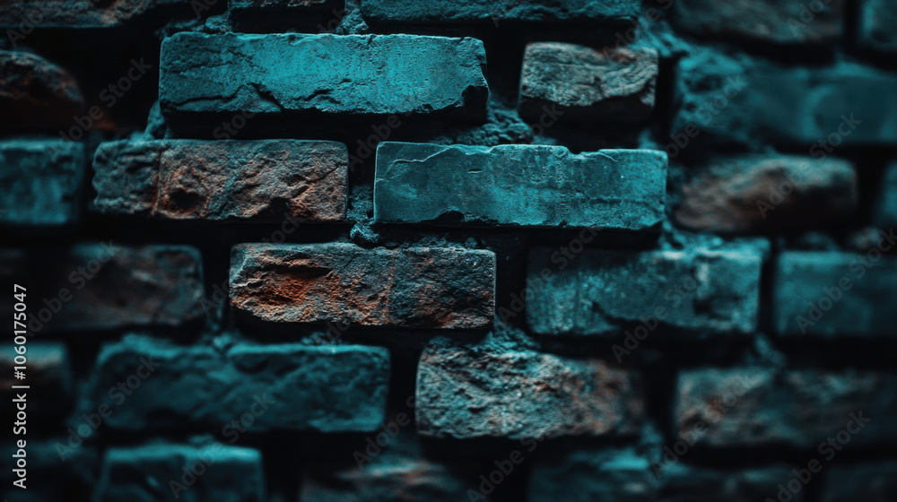 Poster a close-up of weathered bricks with a dark, moody tone, showcasing textures and subtle color variati