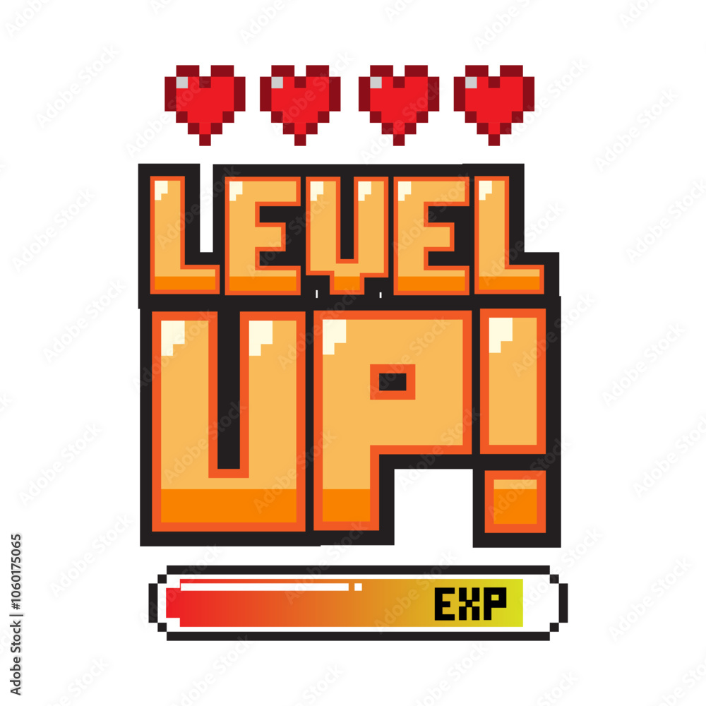 Poster level up !! text with red heart and exp on white background