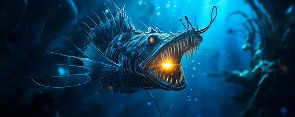 Ferocious anglerfish in the deep ocean with bioluminescent lure, Deep Sea Predator, Dark Waters, Marine Life