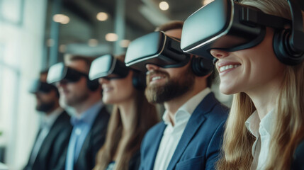 People engaged in virtual reality experience wearing headsets at a modern workspace during a collaborative session