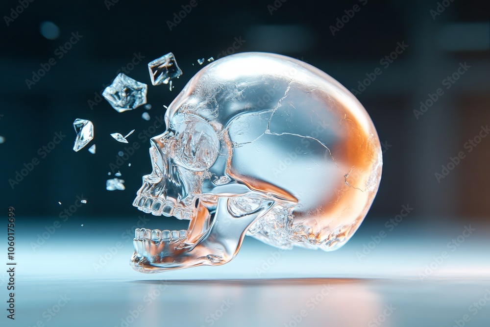 Poster skull is shown with a mouth open and a piece of it missing. the skull is made of glass and he is sha