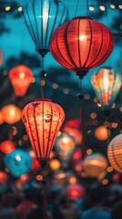 Obraz premium Vibrant and colorful hanging lanterns glowing in the night at a traditional Asian festival or The lanterns create a warm enchanting atmosphere with their soft ethereal illumination