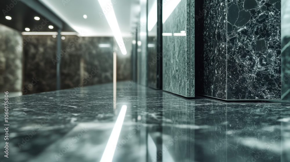 Poster a close-up view of polished marble surfaces with reflective patterns, showcasing modern architecture