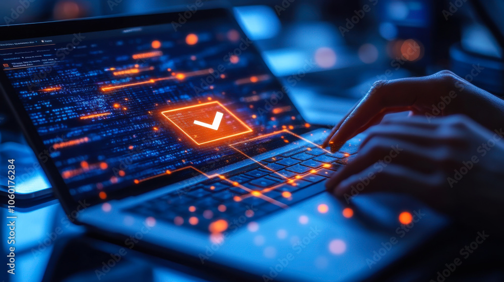 Poster a person verifying digital data on a laptop amid glowing circuit patterns in a contemporary workspac