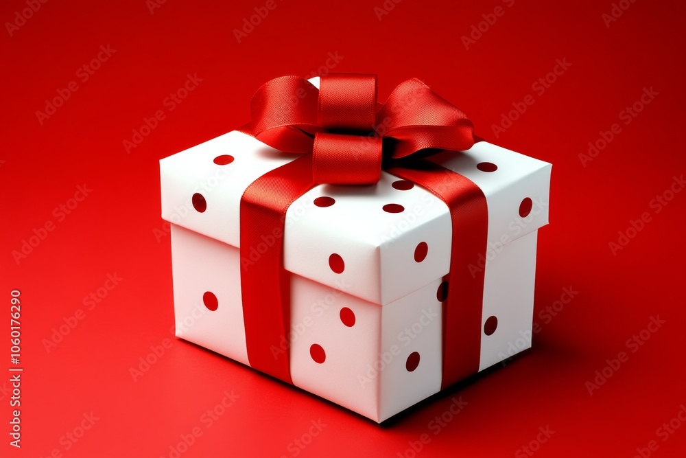 Poster white box with red ribbon and red dots on it. the box is sitting on a red background