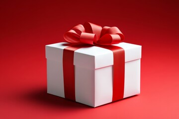 Obraz premium White box with red ribbon on top of a red background. The box is a gift and the ribbon is a bow