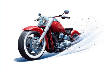 Obraz premium Red motorcycle is shown in a snowstorm. The motorcycle is a Harley Davidson and is shown in a very dynamic and exciting way. The snowstorm adds to the sense of adventure and excitement
