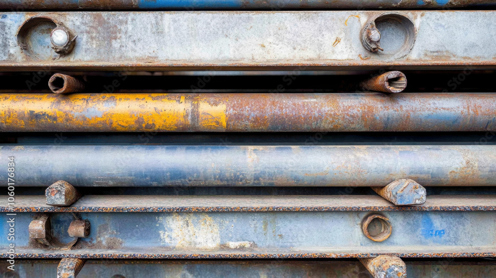 Poster a close-up of weathered steel scaffolding pipes showcasing rust patterns and industrial textures aga