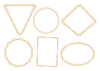 Set of outline gold frames on white background. Hexagon, round, ellipse, rectangle, triangle decorative elements for wedding invitation, grand opening, greeting card, certificate. Vector illustration