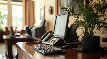 A workspace featuring a computer, phone, and plants, suggesting a professional environment.
