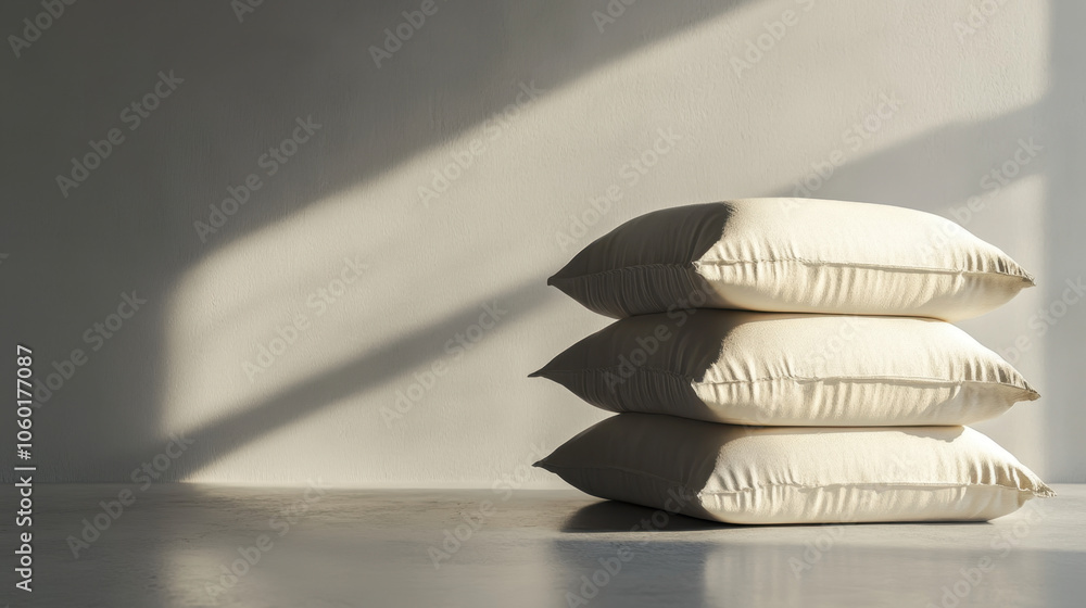 Poster a serene image of three stacked pillows casting soft shadows on a minimalist floor, bathed in gentle