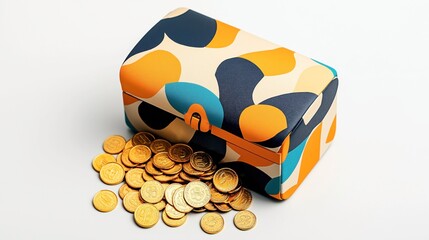 Colorful retro-style box with abstract patterns overflowing with shiny gold coins on a light...