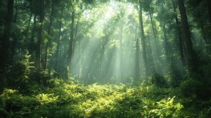 Fototapeta premium Lush forest with sunlight filtering through trees and ferns.