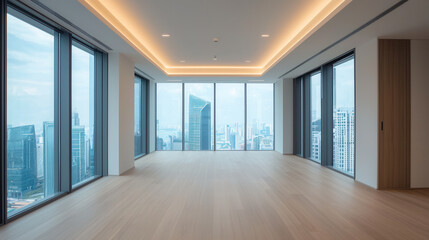 Fototapeta premium Modern high tech living space with large windows and city view