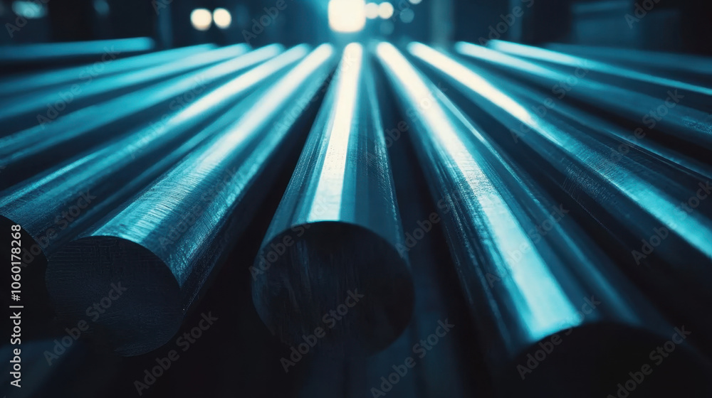 Poster a close-up view of metallic rods arranged in parallel, illuminated by soft light, showcasing their s