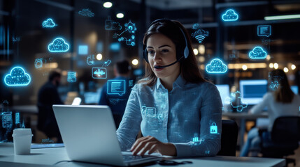A professional woman in a headset engages with clients while analyzing data in a modern office environment during a busy workday