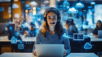 A professional woman in a headset engages with clients while analyzing data in a modern office environment during a busy workday
