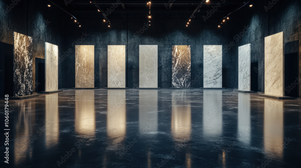 Poster an art gallery showcasing various textured wall panels on display, illuminated by warm lighting, wit