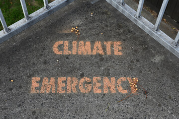 Orange text or lettering saying climate emergency painted onto pavement, in a corner next to metal fencing